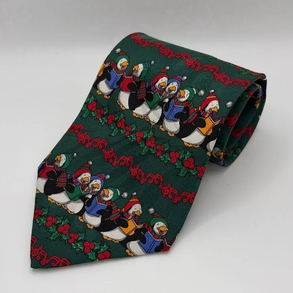 Vintage 90s Addiction Silk Christmas Penguin Carolers Tie Green Holiday‎ Novelty